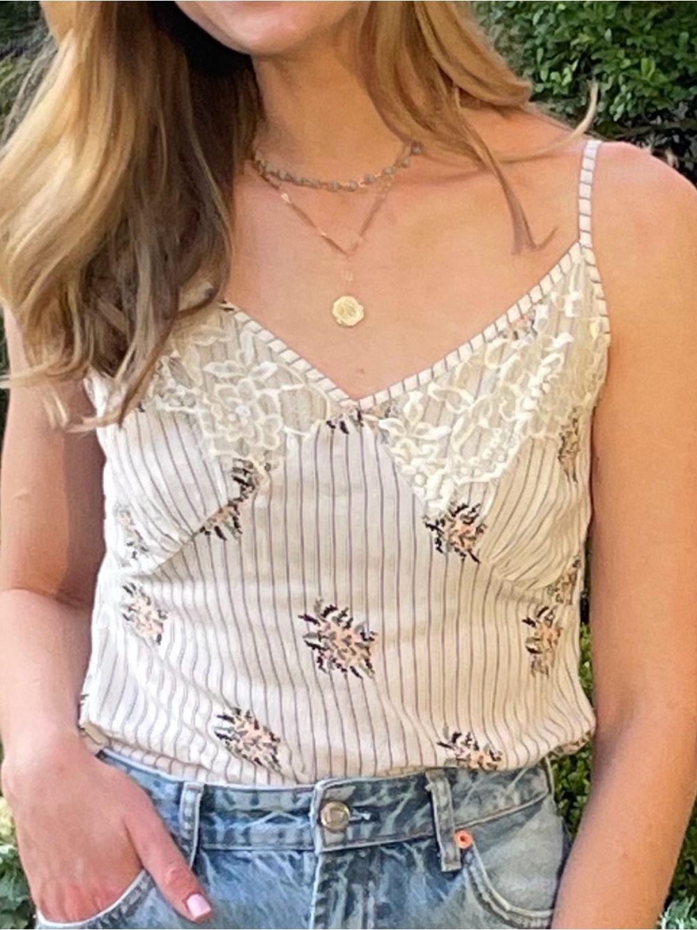 Lace-Trim Floral Stripe Cami Tank - Cream